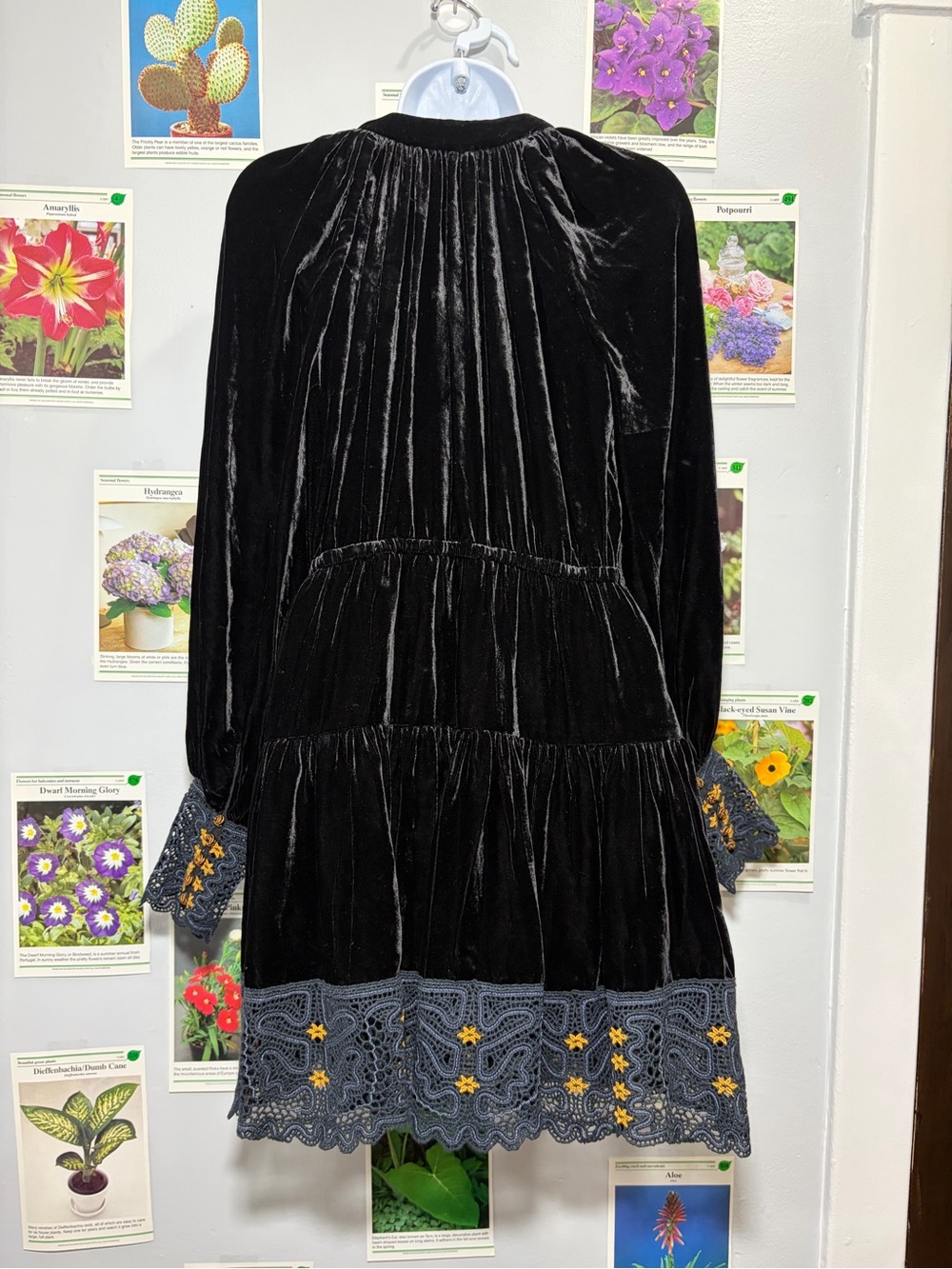 Ulla Johnson Black Velvet V-Neck Tiered Dress with Embroidered Hem - Picture 4 of 8